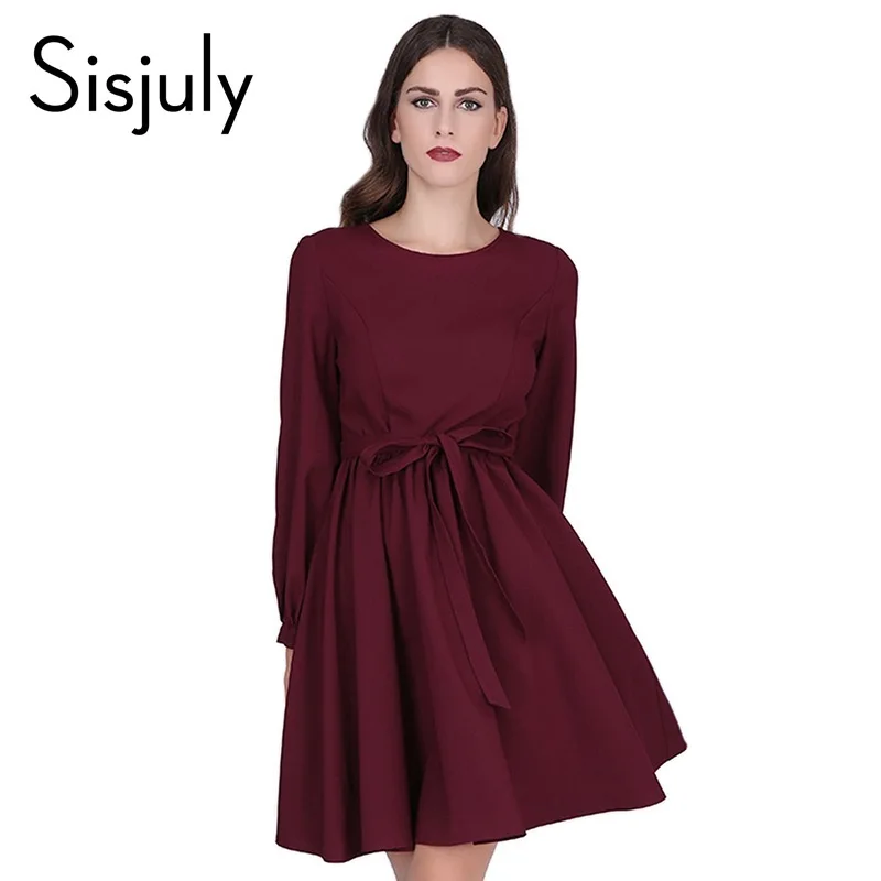 Sisjuly women casual 2017 spring dress burgundy office long sleeves a line red women dresses