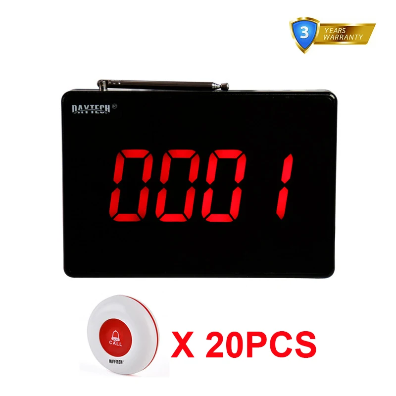 

DAYTECH Queue Wireless Calling System Caregiver Pager System Waterproof 20 PCS Call Button 1 LCD Display Guest Paging System