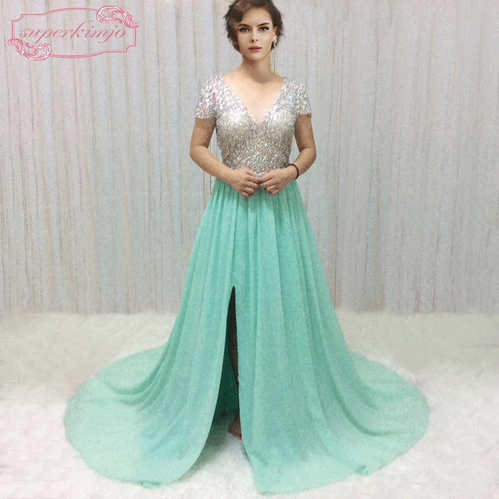 

SuperKimJo Beaded Prom Dresses Formal Gowns Mint Green Chiffon A-Line V Neck Prom Gowns with Sleeves Vestido De Festa