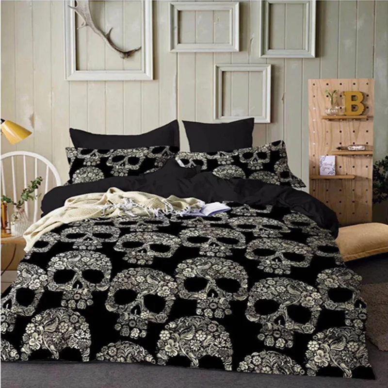 Bedding Set black skull Print  Luxury Duvet Cover Double Bed Linens pillowcase Queen King Adult Bedclothes