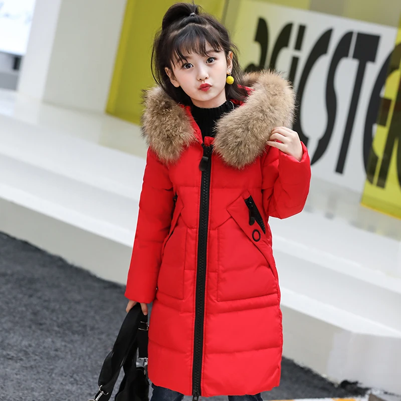 Теплые пуховые пальто для девочек на зиму до 30 градусов длинная стильная Толстая парка с капюшоном и меховым воротником, пальто для девочек, детская утепленная куртка