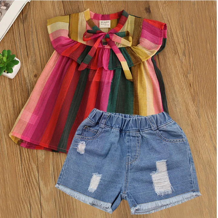 2019 New Fashion Girls Clothes Sets Summer Style Flower Collar Striped T-shirt+Denim Shorts 2 Pcs Suit Girls Clothes Kids Sets 2019 New Fashion Girls Clothes Sets Summer Style Flower Collar Striped T-shirt+Denim Shorts 2 Pcs Suit Girls Clothes Kids Sets
