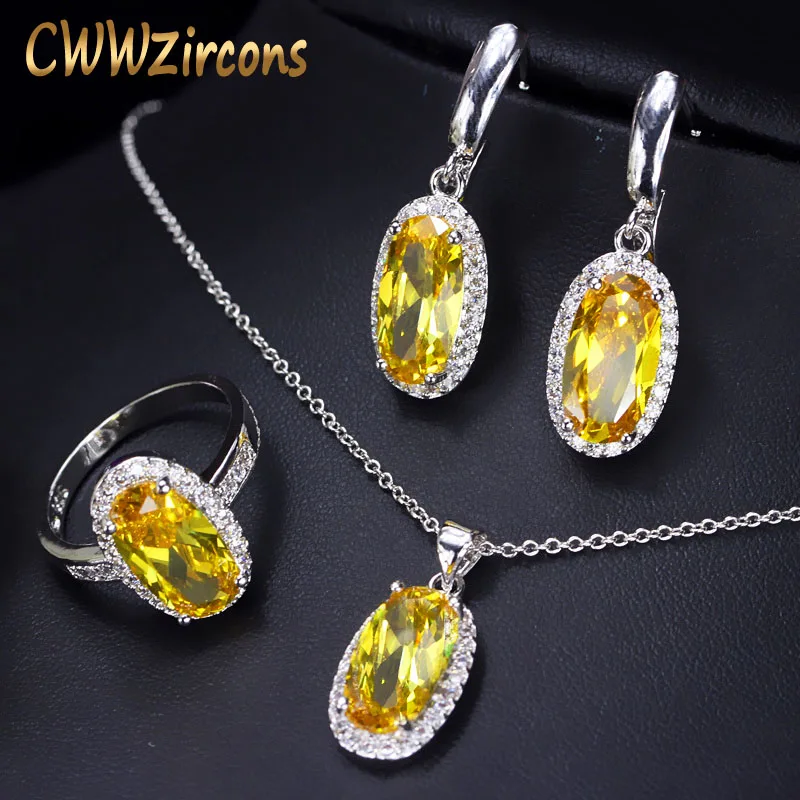 CWWZircons великолепные серьги и кольцо с большим овальным желтым кубическим цирконием, Модные CZ Женские Ювелирные наборы T221