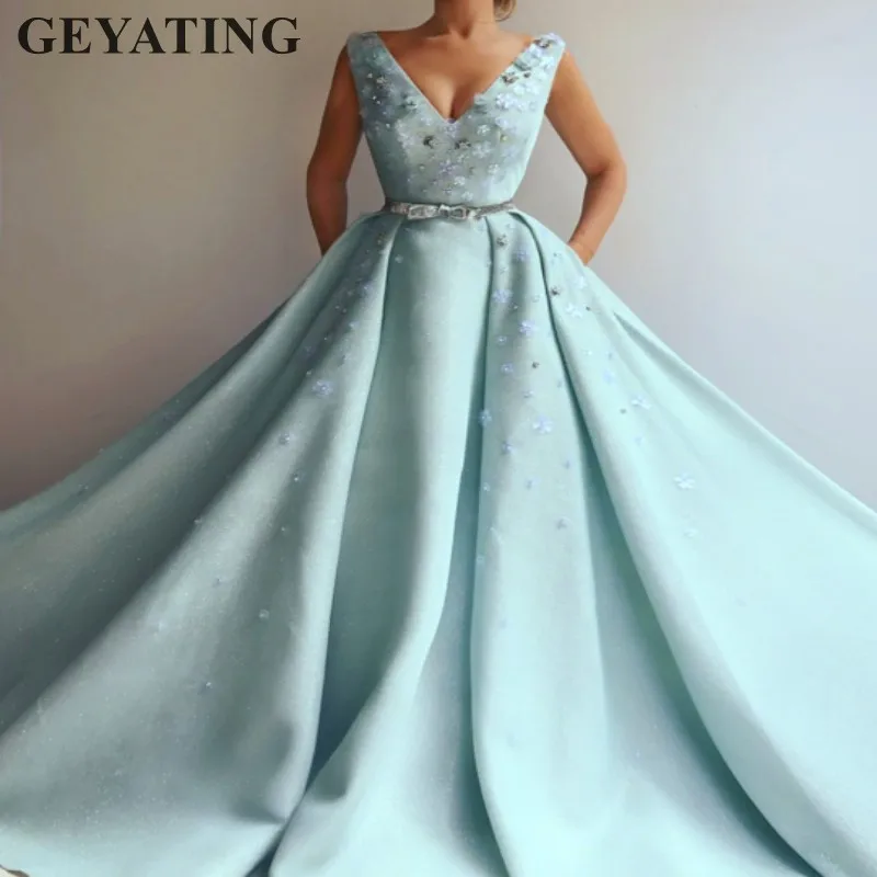 Elegant Mint Evening Dress Long 2019 Shiny 3D Flowers Beaded Vestido ano novo Arabic Women Prom Formal Dress Party Dinner Gowns