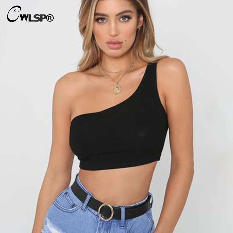 CWLSP Black Women One Shoulder Tank Top Solid Crop Top 2018 New Short ...