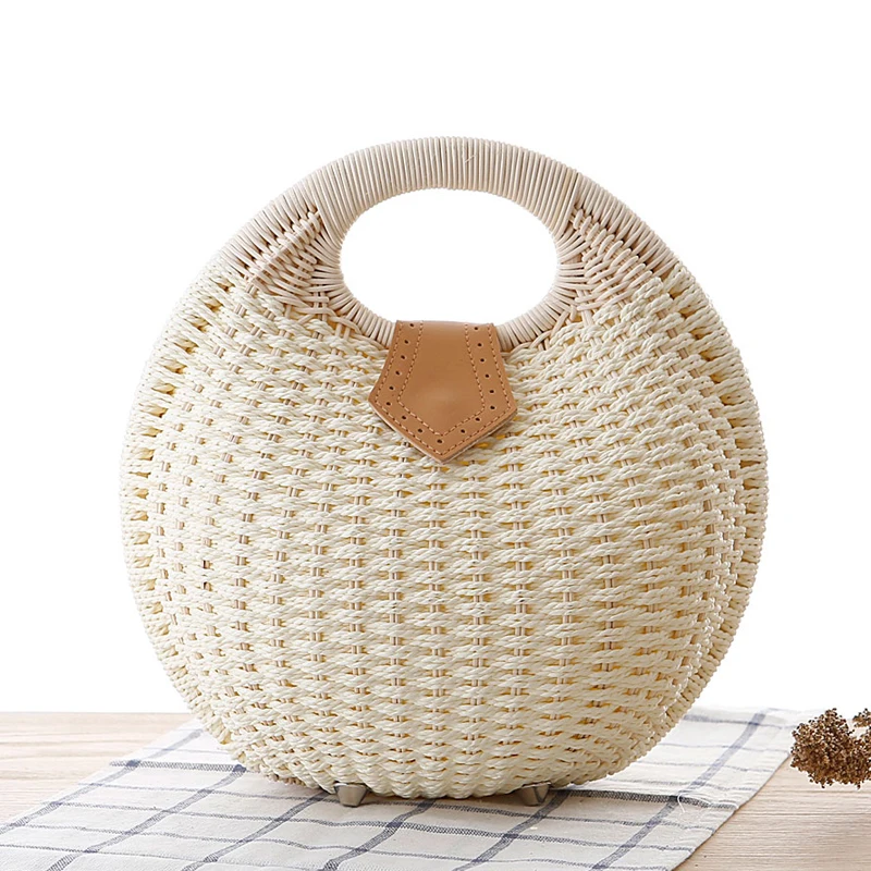 Women Shell Knitting Handbag Rattan Weaved Round Shape Wristlets Hasp Closure Type