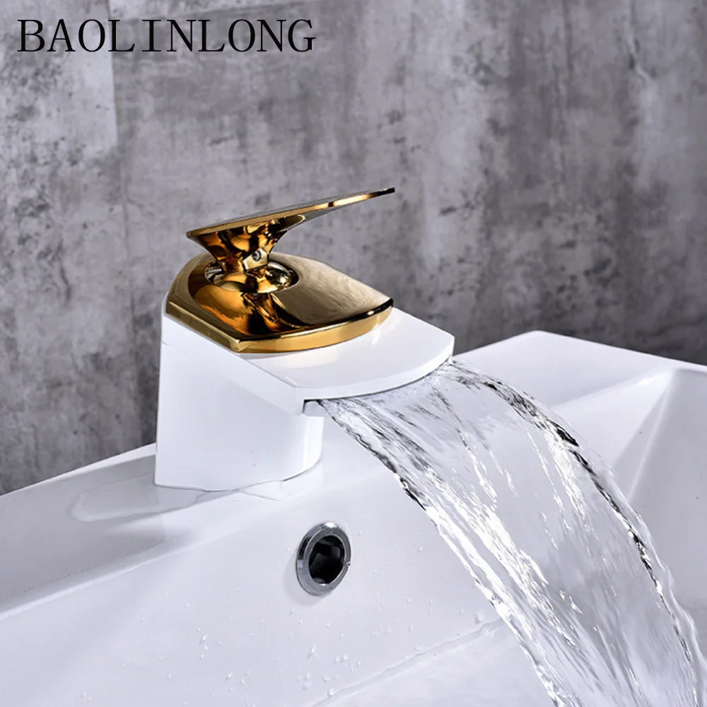 

Baking Finish White Brass Basin Bathroom Waterfall Faucets Vanity Vessel Deck Mount Sinks Mixer bath Tap