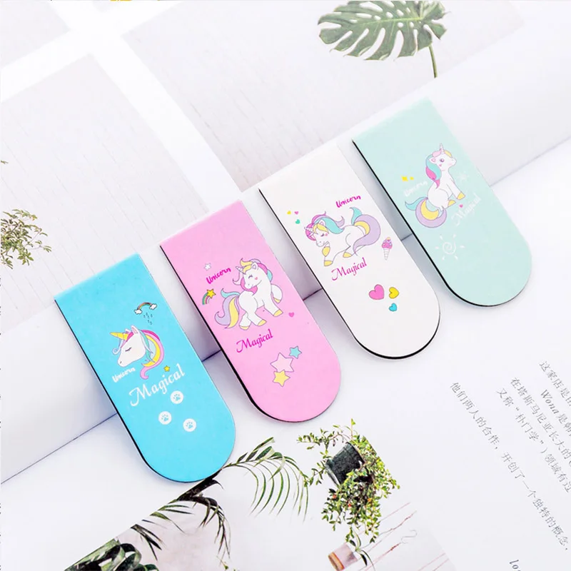 

4 pcs/lot Cute Unicorn Magnet Bookmarks for Books Paper Clips Cartoon Mini Book Marker for Student Gift School Stationery