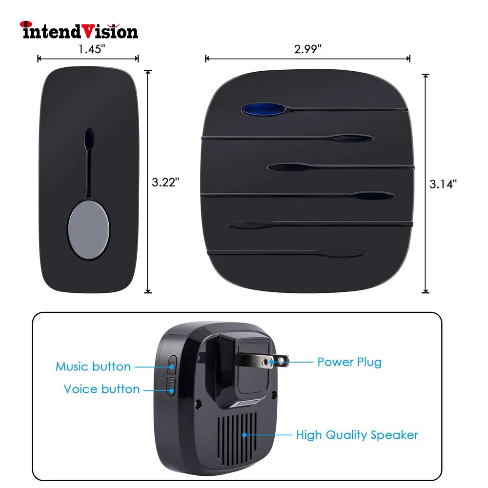 Intendvision Беспроводной дверной звонок Водонепроницаемый IP55 светодиодный классе дверной звонок с 52 Мелодии 4 уровней громкости 25DB к 85db A202