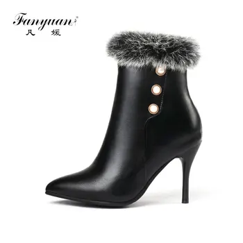 

Fanyuan New Winter Faux Fur Fashion High Heels Women Shoes Woman Boots Platform Warm Snow boot Luxury Ladies Korean shoes Black