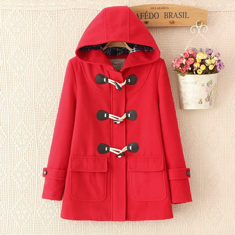 Duffle Coat Long Turn Down Horn Button Hooded Collar Woolen Overcoat Wide Waisted manteau femme Out Wear winter coats 6