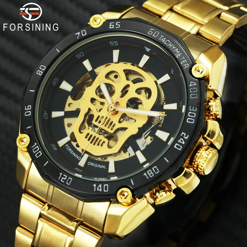 

FORSINING Fashion Steampunk Skull Auto Mechanical Watch Men Golden Skeleton Dial Stainless Steel Strap Wristwatch Halloween Gift
