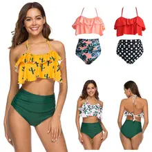 Sexy High Waist Bikinis 2019 New Print Swimwear Women Swimsuit Shoulder Ruffle Bathing Suits Beach Wear Push Up Biquini Female sexy handmade crochet bikinis blue shell beaded high quality swimsuit women push up swimwear knitted beach wear bathing suits