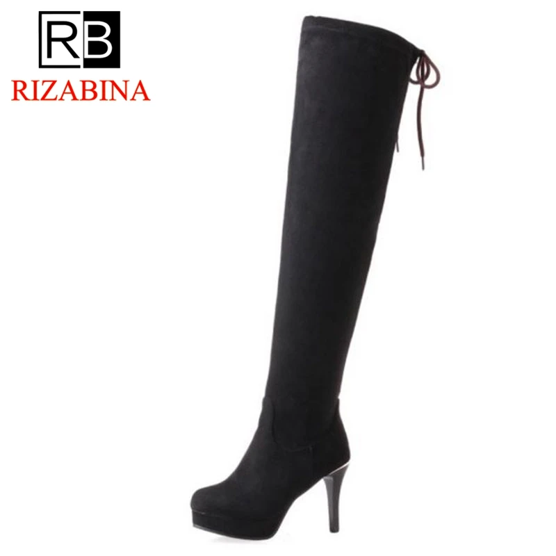 

RizaBina Winter Women Snow Boots Warm Plush Flats Over The Knee Boots Solid Color Lace Up Outdoor Women Footwear Size 34-43