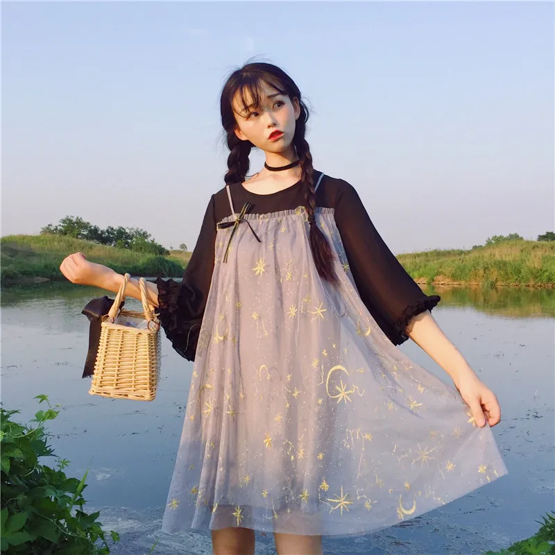 Для женщин платья для Японии Kawaii Ulzzang шифон шить сетки Ложные два платье женский