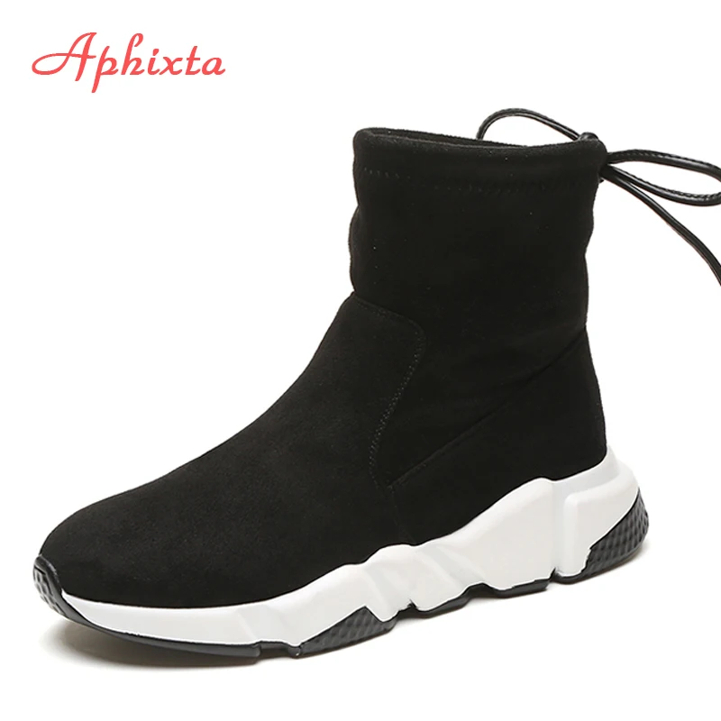 Acheter Aphixta Chaussures Femmes Hauteur Croissante Bottines Bout Pointu Lacets Slip Sur Dames Mujer Hiver Neige Vache En Daim Femme chaussures