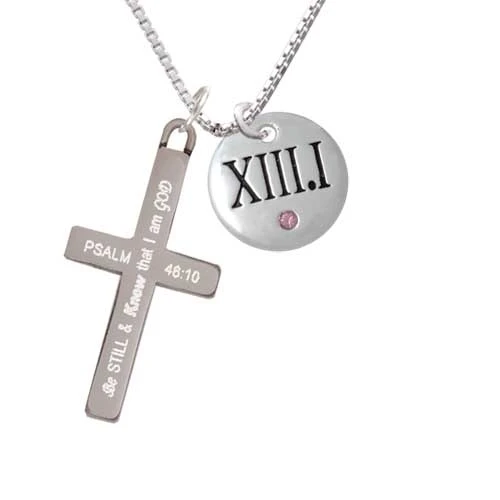 Half Marathon with Pink Crystal Roman Numeral - Be Still and Know - Cross Necklace (1)