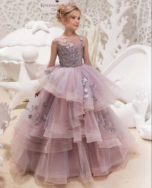 

Lavender Gorgeous Flower Girl Dress for Weddings Lace Beaded Ball Gown Girl Party Communion Dress Pageant Gown Custom Size
