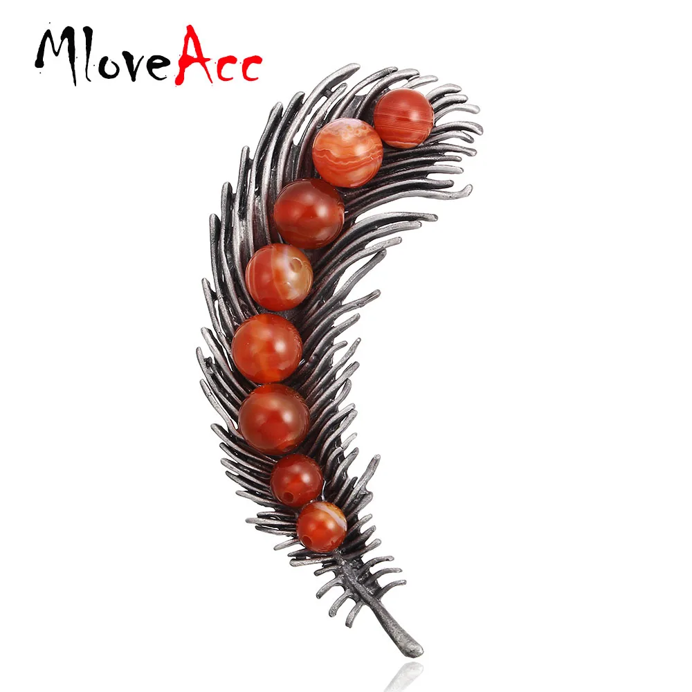 

MloveAcc Brand Unique Red Semi-precious Stone Brooches Vintage Leaf Shape Broches for Women Feather Coat Corsage Scarf Buckle