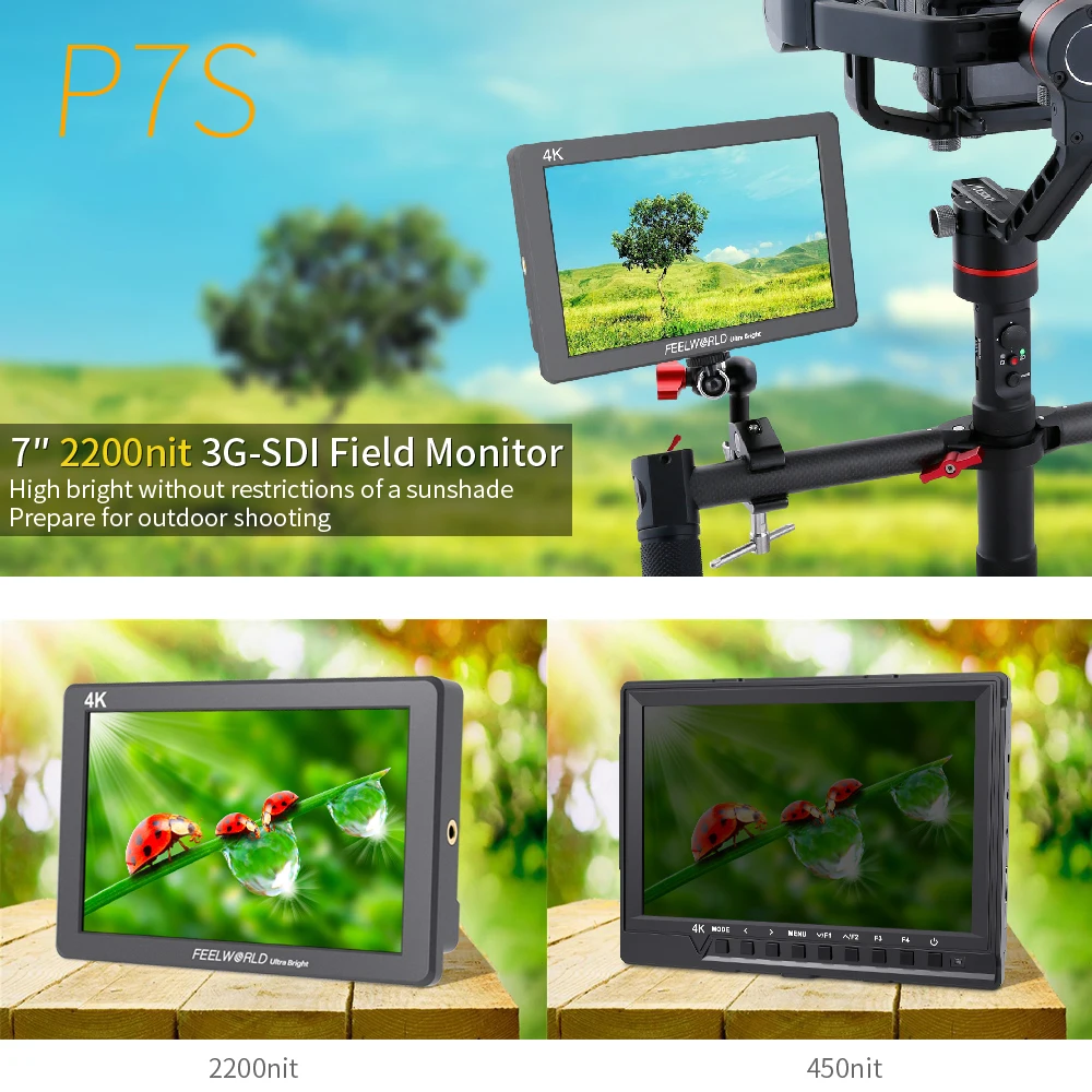 7 дюймовый полевой монитор FEELWORLD P7S 2200nit с алюминиевым корпусом 3G SDI 4K HDMI Full HD 1920x1200