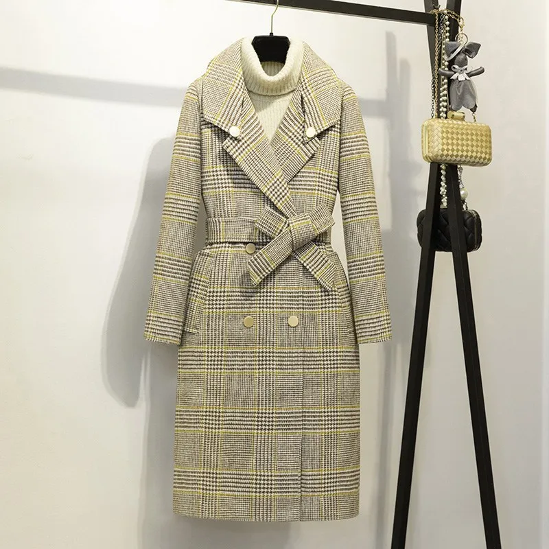 Длинное шерстяное Женское пальто весеннее клетчатое пальто с поясом двубортное тонкое кашемировое желтое шерстяное элегантное осеннее пальто