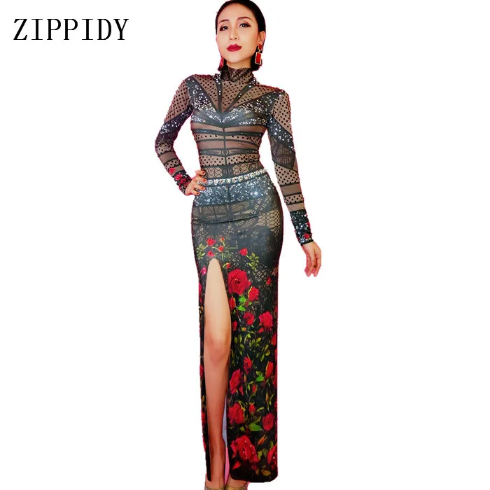 

Black Rhinestones Cheongsam Dress Skinny Evening Wear Flowers Dress Women's Prom Birthday Celebrate Dresses
