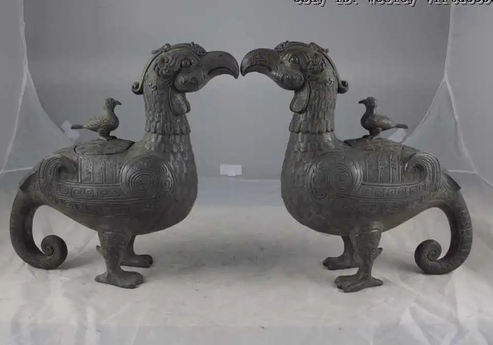 

China Royal Palace Copper Bronze Lucky Phoenix sparrow Bird Zun Vase Censer Pair