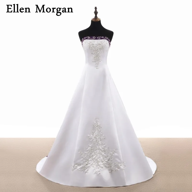 White And Grape Satin Wedding Dresses 2019 Sexy Strapless Lace Up
