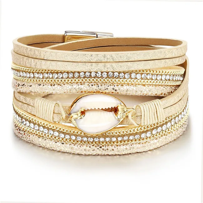 DIEZI New Multilayer Shell Heart Wrap Bracelets For Women Gift Magnet Buckle PU Leather Rhinestone Pearl Bracelets Bangles - Metal Color: 0002