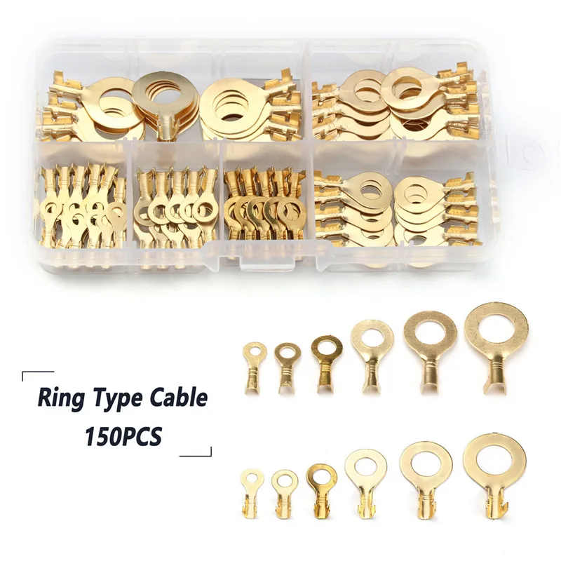 

Ring Type 6Sizes Non-Insulated Bare Ring Terminals Cable Copper Lugs Electrical Wire Crimp Connector 150pcs Kit with Plastic Box