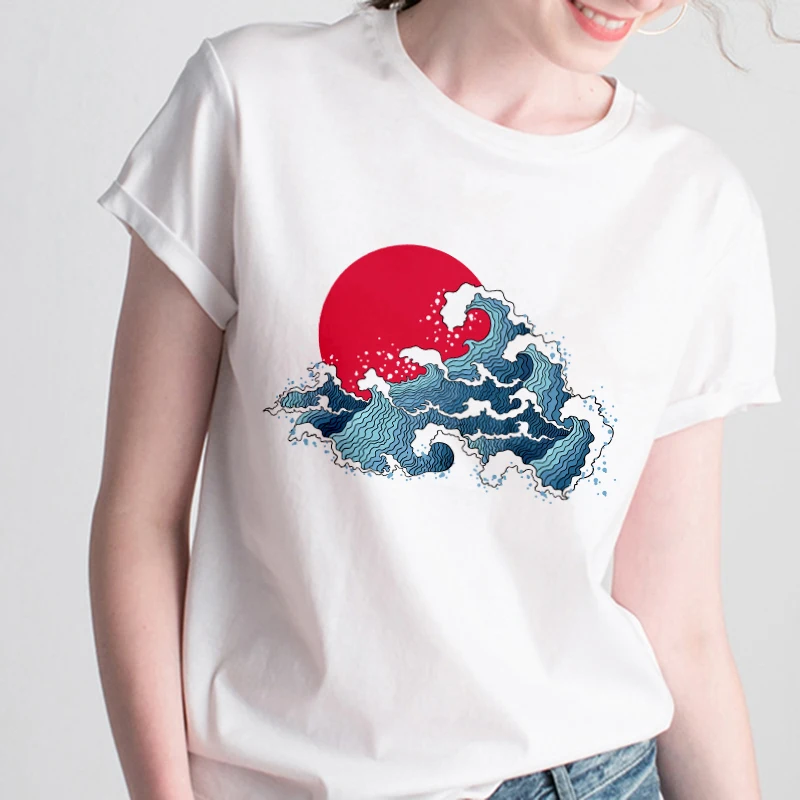 

2019 Fashion Retro sea wave T shirt Women printed Harajuku Tshirt Thin section T-shirt White Tops Female Clothing Short Sleeve