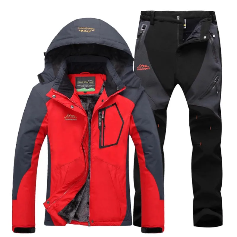 TRVLWEGO женские зимние водонепроницаемые рыболовные термо брюки треккинговые походные лыжные альпинистские 3 в 1 уличные куртки комплект костюм - Цвет: red black