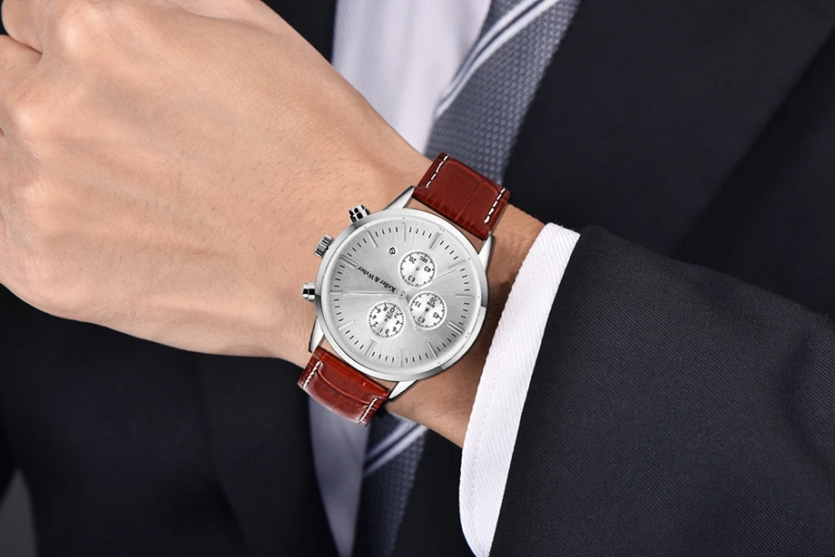 Keller & Weber Mens Watches 30m Waterproof Quartz Business Watches Date Display Genuine Leather Band Relogio Masculino Best Gift (27)