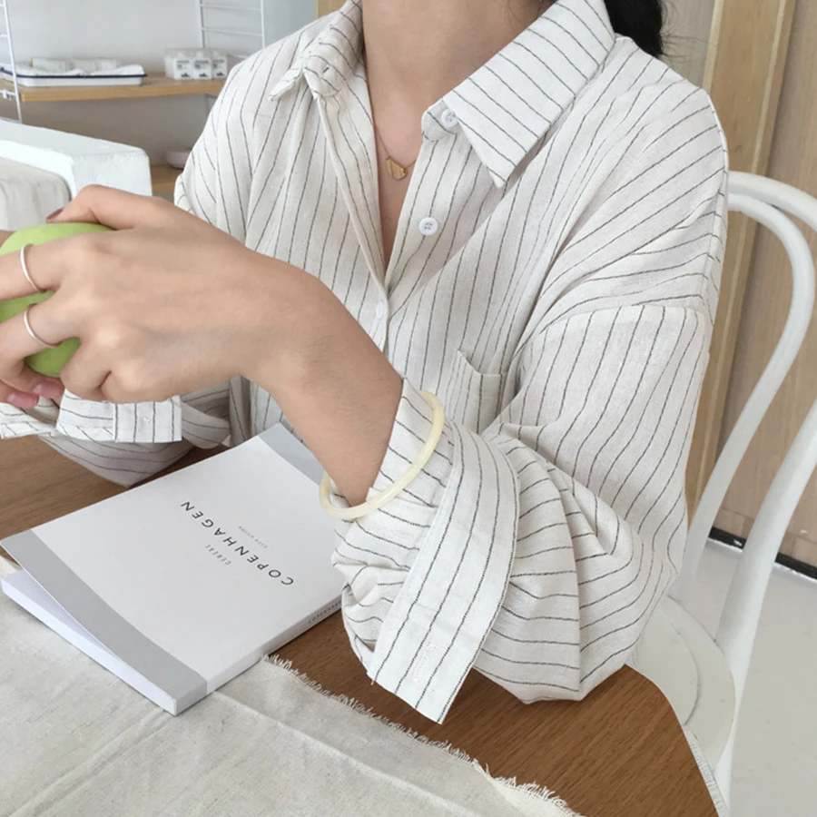 الفتيات مخطط النساء البلوزات المتناثرة قمصان طويلة الأكمام رفض طوق قمم الإناث البلوزات الربيع قمصان 2019