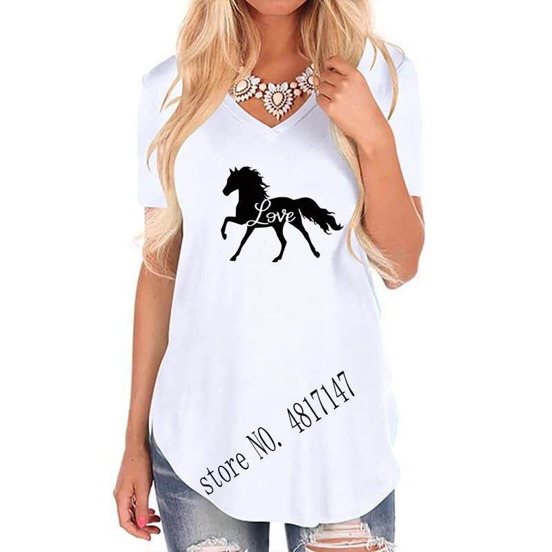 Женская рубашка в стиле Харадзюку с принтом в виде лошадок, свободная Винтажная футболка с v-образным вырезом и мультипликационным принтом, женские летние топы в подарок