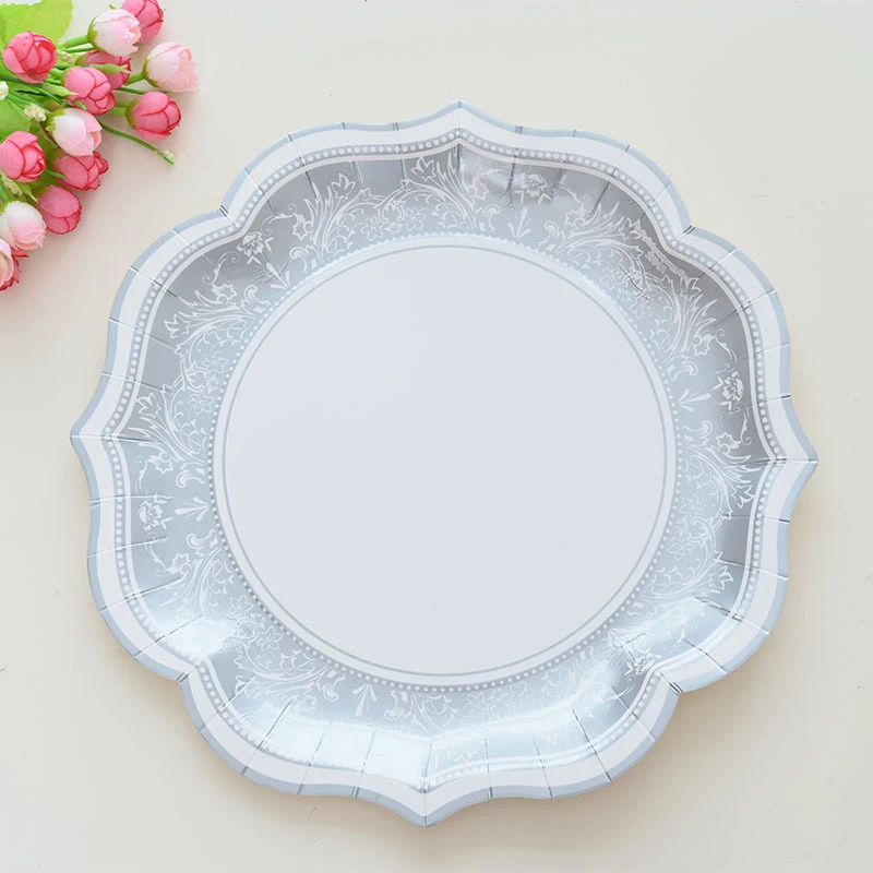 

36pcs Retro Silver Flower Disposable Tableware Buffet Vintage Cocktail PartyDecor Paper Plate for Engagement Bridal Shower Party