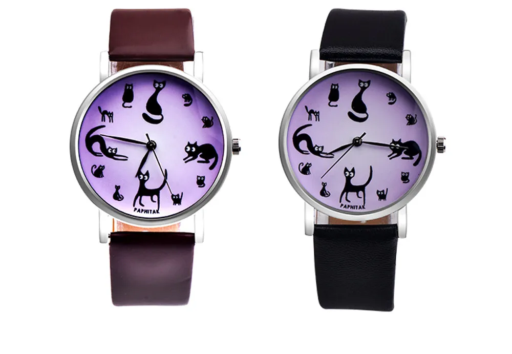 Small Fresh Classic Fashion Leather Women Quartz Wristwatch Simple Cute Cat Printing Dial Casual Ladies Watch Clock Reloj 533