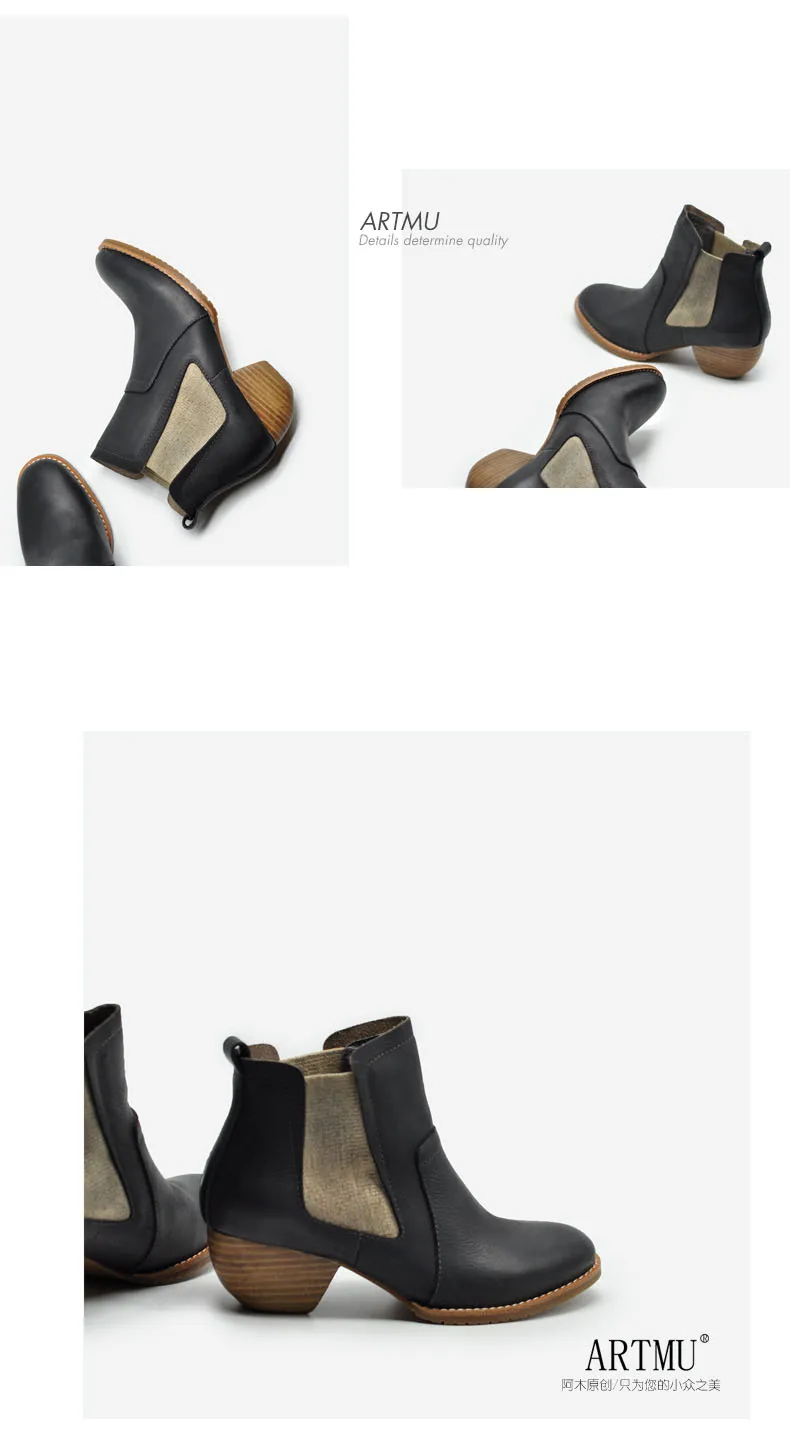 Artmu/Artdiya/оригинальные женские ботинки на среднем каблуке в стиле ретро ботильоны «Челси» г. Новые ботинки ручной работы из натуральной кожи черный цвет, 8100-2