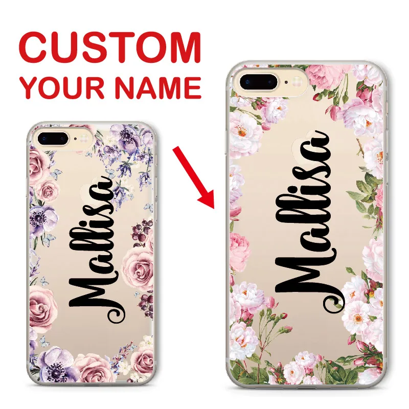 

Floral Vintage Soft Personalized Custom Name Text Clear Phone Case For iPhone 6 6S XS Max 7 7Plus 8 8Plus 5 X SAMSUNG S7 S8 S9