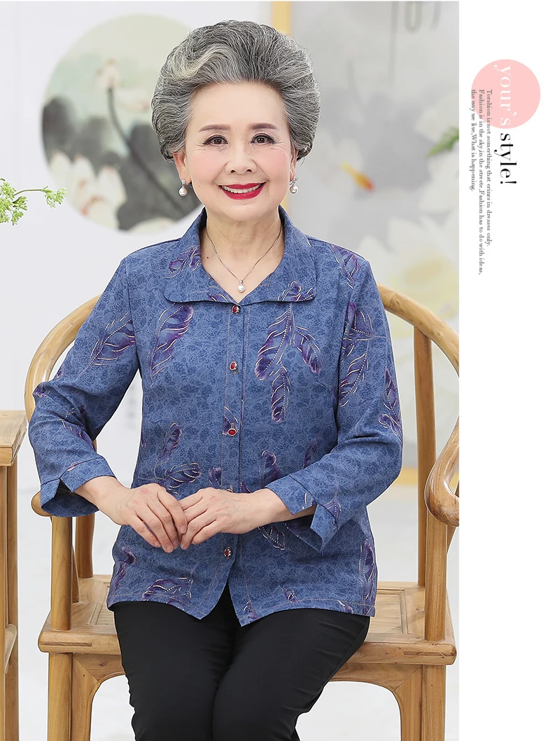 Elderly Women Casual Shirts Red Blue Feather Pattern Blouses Female Spring Autumn Tops Gold Stamping Shirt Mother Grandma Blouse (12)