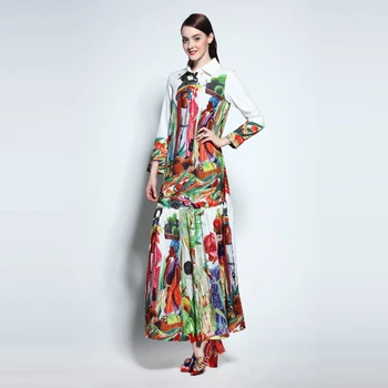 

Spring and Autumn Fashion Linen Full Sleeve Turn down Collor loose long woman Dress Printed Shirt collar women dresses