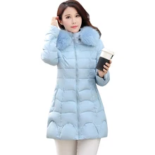 Г. новые женские большие размеры Корейская Толстая зимняя куртка Длинные свободные перо мягкий хлопок с капюшоном пальто vestidos RLD042