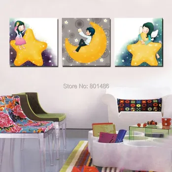 

3 Piece Hot Sell Modern Wall Painting Cartoon Kids with Moon and Star Print On Canvas for living Room wall decor