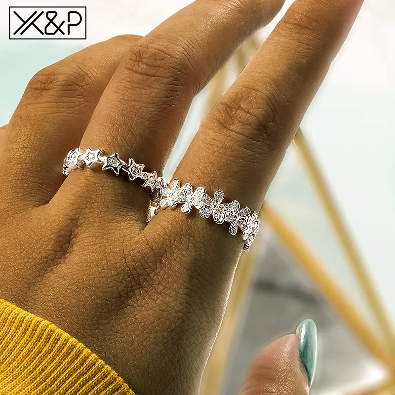 

X&P Cute Flower Star Silver Crystal Rings for Women Engagement Wedding Fashion Geometric Cubic Zirconia Women Ring Jewelry