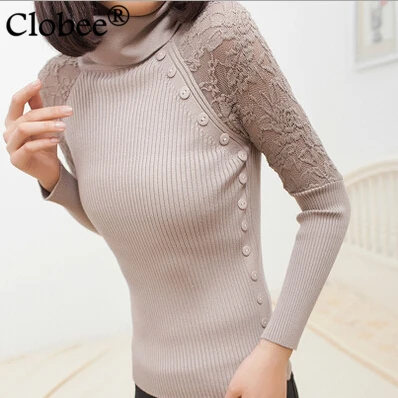 

Autumn Winter Tops Female Turtleneck Button Lace Tricots 2018 Women bodycon Sweater Slim Pullovers Casual Knitted wear SC457