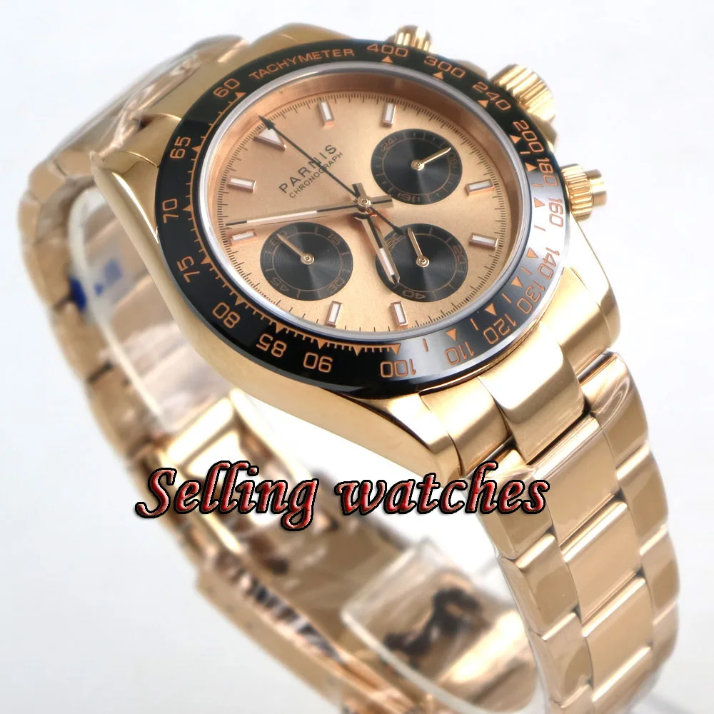 

39mm parnis Rose Golden Dial 316L Solid rose golden plated case ceramic bezel full Chronograph Quartz movement men's Watch