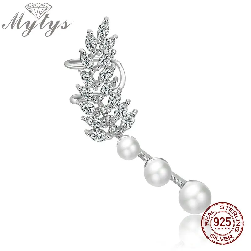 

Mytys 925 Sterling Silver Zircon Feather Freshwater Pearls Clip Earring Cuff one Ear Jewelry Fashion Brincos Juvelarto CE399