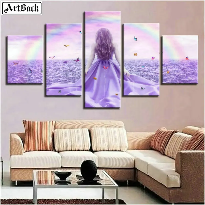 

5d diy diamond painting girl rainbow lavender landscape full square mosaic round rhinestone handmade sticker decoration 5 spell