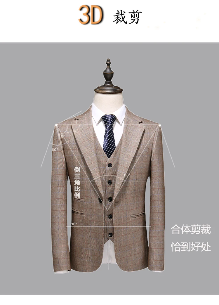 Blazer+Vest+Pants) Mens Wedding Suit Male Blazers Slim Fit Suits for Men Costume Business Formal Party Classic, Khaki / S-5XL