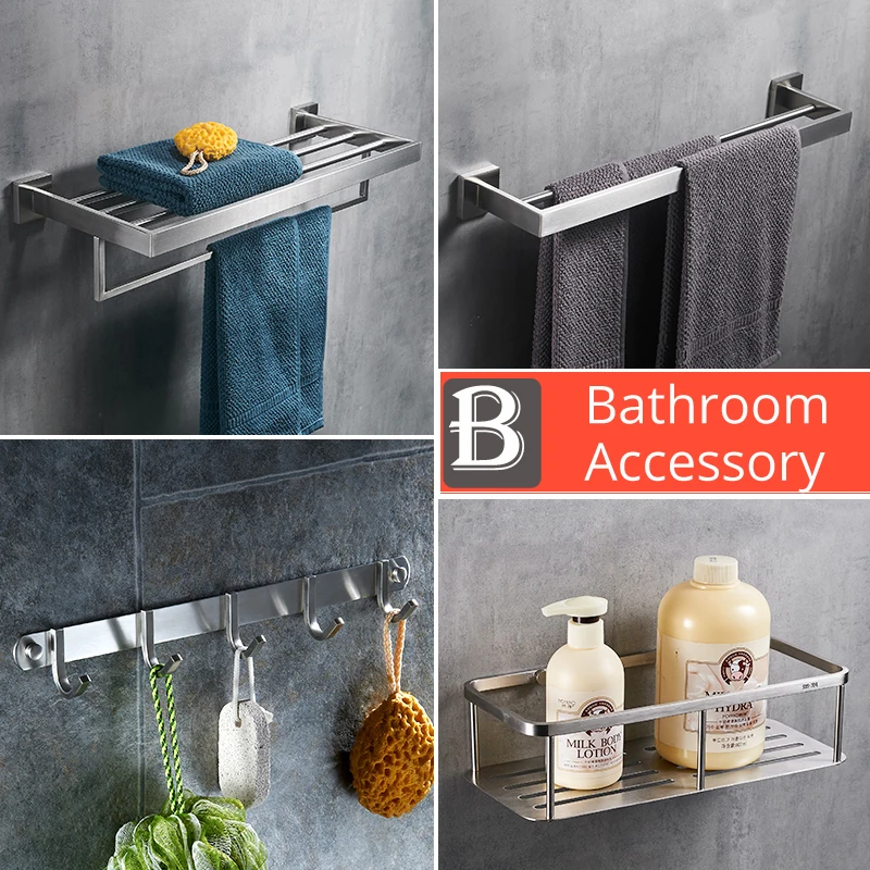 304 Stainless Steel Bathroom Accessories Set Wall Mount Towel Rack Bathroom Hardware Bathroom Hanging Rack Toilet Shelf Set